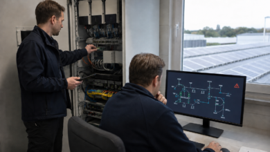 Sicherheitsexperten prüfen Netzwerktechnik einer gewerblichen Photovoltaikanlage [Bildinhalt mit KI erstellt]
