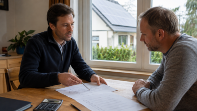 Energieberater erklärt einem Hausbesitzer neutrale Unterlagen zur PV-Finanzierung. KI-Symbolbild. [Bildinhalt mit KI erstellt]