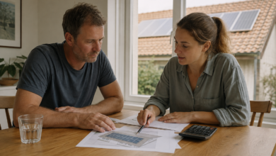 Zwei Personen besprechen Unterlagen zur Planung einer Solaranlage an einem Tisch. [Bildinhalt mit KI erstellt]