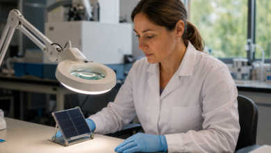 Forscherin betrachtet eine Solarzellenprobe an einem Labortisch. KI-Symbolbild. [Bildinhalt mit KI erstellt]