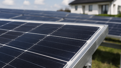 Nahaufnahme von Siliziumzellen und Aluminiumrahmen eines Photovoltaikmoduls [Bildinhalt mit KI erstellt]