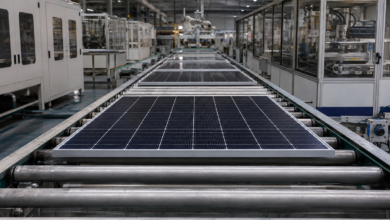 Solarmodule auf einer Rollenbahn in einer industriellen Fertigungshalle. [Bildinhalt mit KI erstellt]