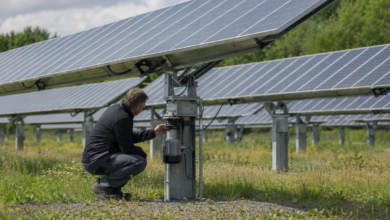 Nachgeführte Solarmodule auf einer Freifläche [Bildinhalt mit KI erstellt]