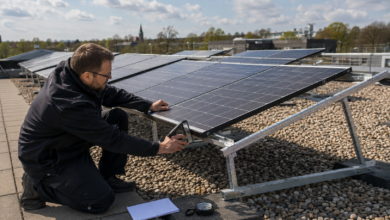 Solartechniker prüft den Neigungswinkel eines Photovoltaikmoduls auf einem Flachdach [Bildinhalt mit KI erstellt]