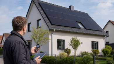 Solarplaner prüft die Ausrichtung einer Photovoltaikanlage auf der Nordseite eines Wohnhauses [Bildinhalt mit KI erstellt]