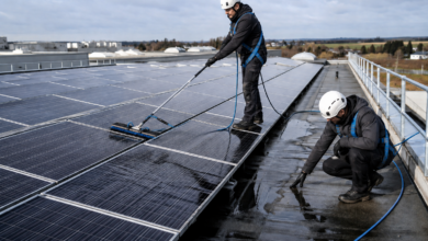 Gesicherte Fachkräfte reinigen Photovoltaikmodule mit weicher Bürste [Bildinhalt mit KI erstellt]