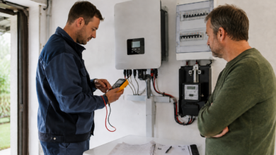 Elektriker nimmt Wechselrichter und Zähler einer Photovoltaikanlage unter Beobachtung des Eigentümers ab [Bildinhalt mit KI erstellt]