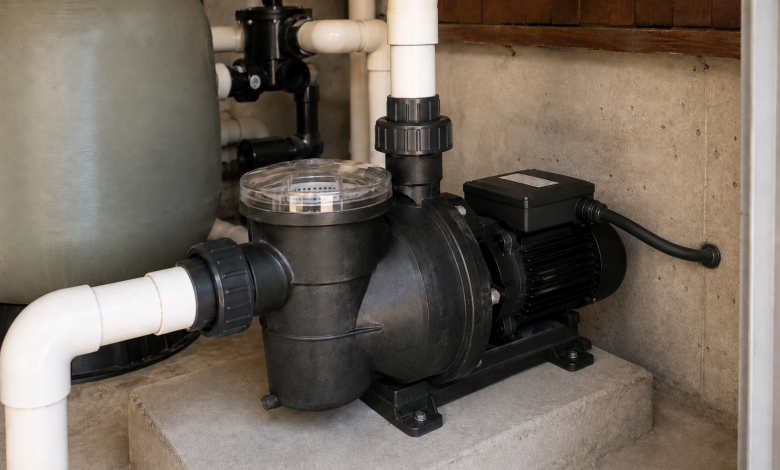 Poolpumpe mit Vorfilter und angeschlossenen Leitungen in einem trockenen Technikraum. [Bildinhalt mit KI erstellt]