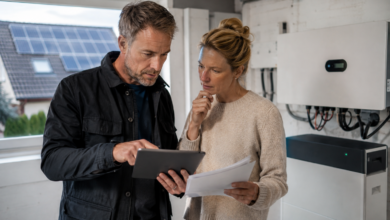 Hausbesitzer und Fachberater vergleichen Photovoltaikanlage und Batteriespeicher [Bildinhalt mit KI erstellt]