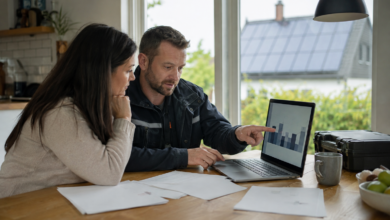 Hausbesitzerin bespricht Wartungs- und Betriebskosten einer Photovoltaikanlage [Bildinhalt mit KI erstellt]