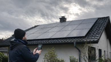 Nasse Photovoltaikmodule erzeugen Strom unter dicht bewölktem Himmel [Bildinhalt mit KI erstellt]