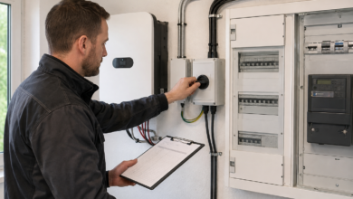 Elektriker bedient einen Trennschalter neben Wechselrichter, Zählerschrank und Prüfliste [Bildinhalt mit KI erstellt]