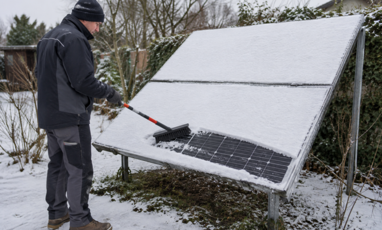 Person entfernt lockeren Schnee mit einer weichen Bürste von einem niedrig montierten Solarmodul. [Bildinhalt mit KI erstellt]