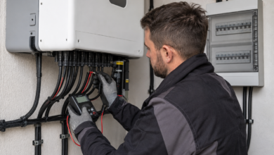 Solarinstallateur prüft fachgerecht verlegte Gleichstromkabel auf einem Dach [Bildinhalt mit KI erstellt]