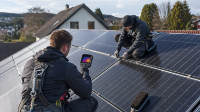 Gesicherte Techniker prüfen Photovoltaikmodule mit Wärmebildkamera [Bildinhalt mit KI erstellt]