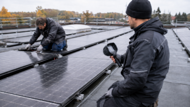 Techniker prüfen Photovoltaikmodule mit Wärmebildkamera und kontrollieren Befestigungen [Bildinhalt mit KI erstellt]