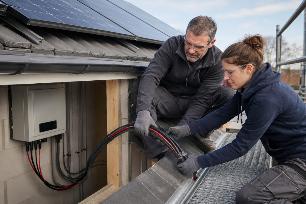Installateur beaufsichtigt die geschützte DC-Kabelführung von Solarmodulen zum Wechselrichter [Bildinhalt mit KI erstellt]