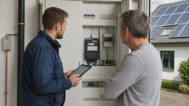 Elektriker kontrolliert den Stromzähler einer Photovoltaikanlage [Bildinhalt mit KI erstellt]