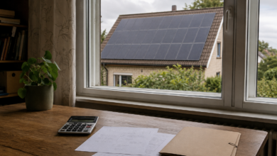 Unterlagen und Taschenrechner auf einem Tisch mit Blick auf ein Haus mit Photovoltaikanlage. KI-Symbolbild. [Bildinhalt mit KI erstellt]