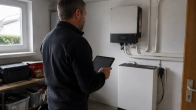 Hausbesitzer mit Tablet neben einem geschlossenen Heimspeicher und Wechselrichter. [Bildinhalt mit KI erstellt]