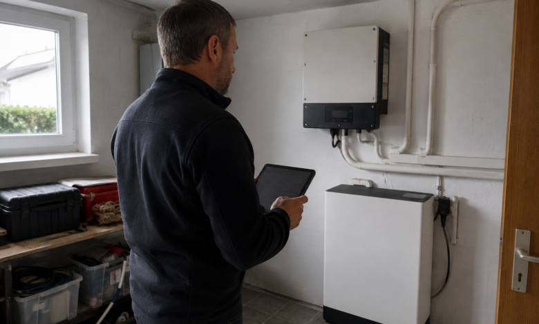 Hausbesitzer mit Tablet neben einem geschlossenen Heimspeicher und Wechselrichter. [Bildinhalt mit KI erstellt]