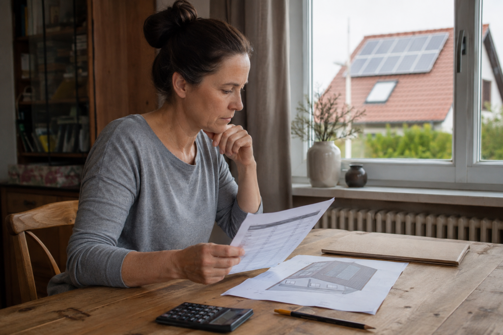 Hausbesitzerin prüft eine neutrale Finanzierungsübersicht neben einem Dachplan. KI-Symbolbild. [Bildinhalt mit KI erstellt]