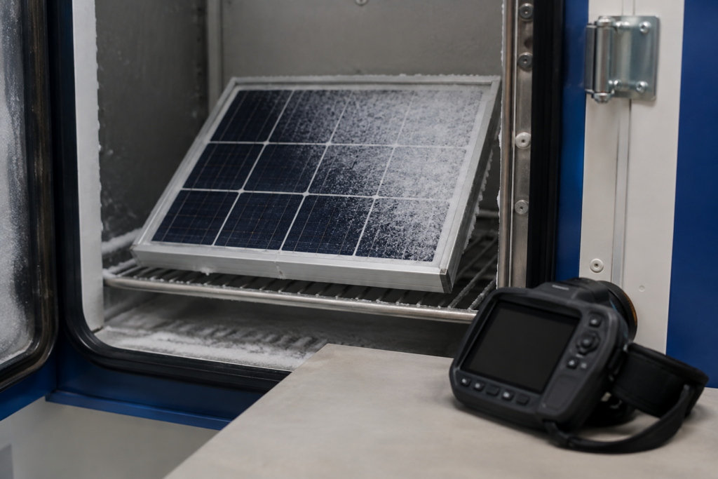 Bereiftes Solarmodul an einem kontrollierten Prüfplatz [Bildinhalt mit KI erstellt]