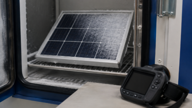 Bereiftes Solarmodul an einem kontrollierten Prüfplatz [Bildinhalt mit KI erstellt]