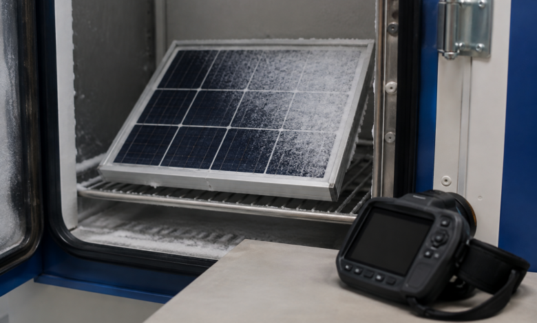 Bereiftes Solarmodul an einem kontrollierten Prüfplatz [Bildinhalt mit KI erstellt]