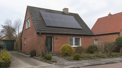 Backsteinhaus mit Photovoltaikanlage in einer norddeutsch geprägten Wohnstraße. KI-Symbolbild. [Bildinhalt mit KI erstellt]