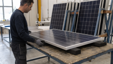 Solarmodule in einem geordneten Prüfbereich für Wiederverwendung und Recycling. KI-Symbolbild. [Bildinhalt mit KI erstellt]