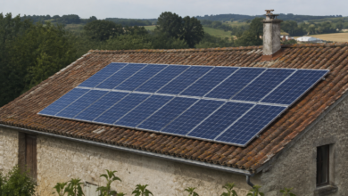 Ältere silbergerahmte Solarmodule auf einem verwitterten Ziegeldach bei natürlichem Tageslicht. KI-Symbolbild. [Bildinhalt mit KI erstellt]