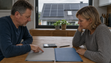 Zwei neutrale PV-Angebotsmappen werden an einem Küchentisch verglichen. KI-Symbolbild. [Bildinhalt mit KI erstellt]