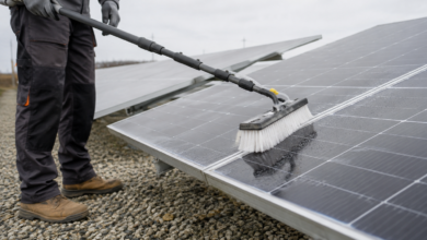 Schonende Reinigung eines niedrigen Solarmoduls [Bildinhalt mit KI erstellt]