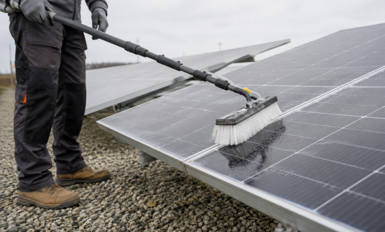 Schonende Reinigung eines niedrigen Solarmoduls [Bildinhalt mit KI erstellt]