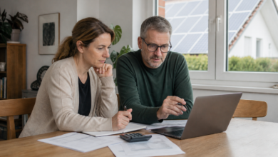 Hausbesitzer prüfen mit Energieberater die Rendite einer Photovoltaikanlage [Bildinhalt mit KI erstellt]