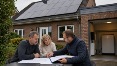 Hausbesitzer lassen sich zur Förderung von Photovoltaik und Solarspeicher in NRW beraten [Bildinhalt mit KI erstellt]