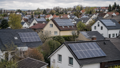 Photovoltaikanlagen auf unterschiedlichen Hausdächern in einem Wohngebiet. [Bildinhalt mit KI erstellt]