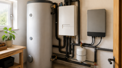 Warmwasserspeicher und geschlossene Heiztechnik in einem Hauswirtschaftsraum. [Bildinhalt mit KI erstellt]