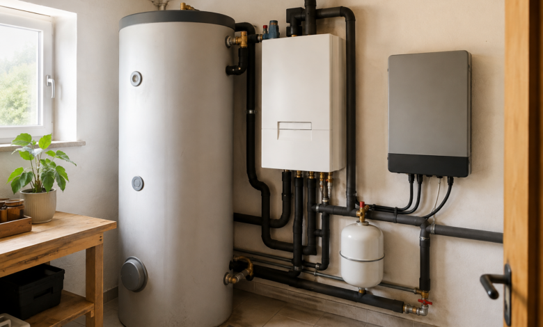 Warmwasserspeicher und geschlossene Heiztechnik in einem Hauswirtschaftsraum. [Bildinhalt mit KI erstellt]
