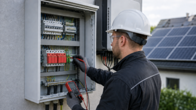 Elektriker kontrolliert den Überspannungsschutz einer Photovoltaikanlage [Bildinhalt mit KI erstellt]