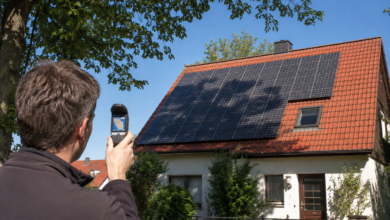 Solarplaner untersucht den Schatten eines Baumes auf einer Photovoltaikanlage [Bildinhalt mit KI erstellt]