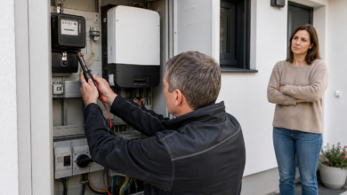 Elektriker prüft einen alten Stromzähler neben einem neuen Photovoltaik-Wechselrichter [Bildinhalt mit KI erstellt]