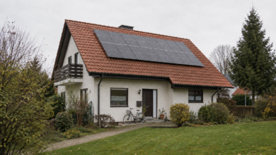 Bewohntes Einfamilienhaus mit gepflegter Fassade und dachparallel montierter Photovoltaikanlage. KI-Symbolbild. [Bildinhalt mit KI erstellt]
