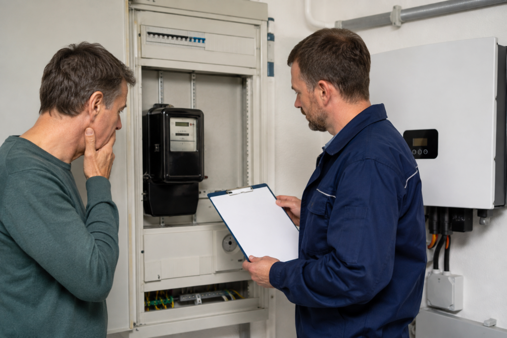Hausbesitzer und Netztechniker prüfen einen alten Stromzähler neben einem neuen PV-Wechselrichter [Bildinhalt mit KI erstellt]