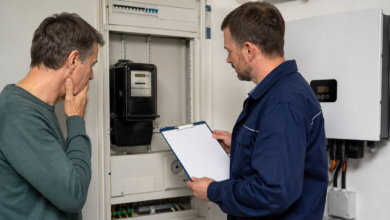 Hausbesitzer und Netztechniker prüfen einen alten Stromzähler neben einem neuen PV-Wechselrichter [Bildinhalt mit KI erstellt]