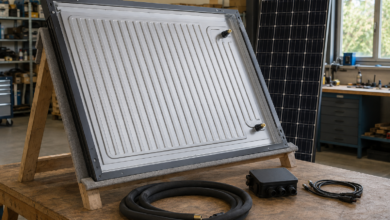 Rückseitiger Wärmetauscher eines Hybridmoduls auf einem Werkstattgestell. [Bildinhalt mit KI erstellt]