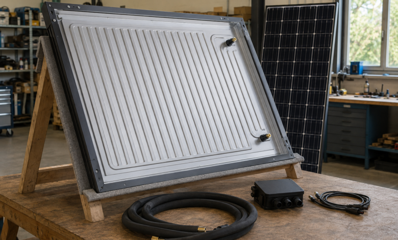 Rückseitiger Wärmetauscher eines Hybridmoduls auf einem Werkstattgestell. [Bildinhalt mit KI erstellt]
