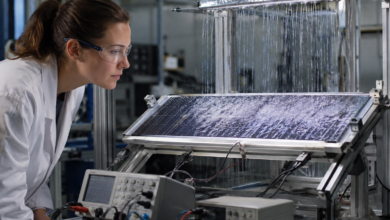 Forscher untersucht eine Solarzelle unter künstlichem Regen [Bildinhalt mit KI erstellt]
