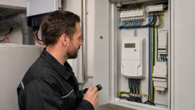 Elektriker prüft einen saldierenden Drehstromzähler im Schaltschrank [Bildinhalt mit KI erstellt]